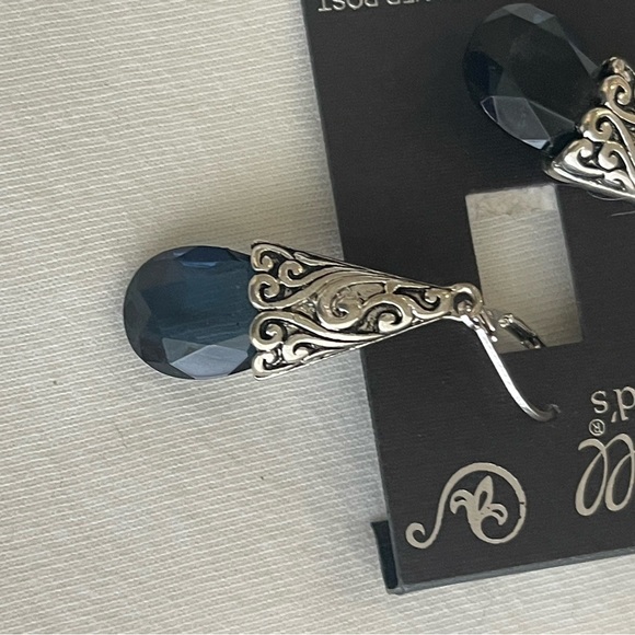 Scroll teardrop earrings w/ Blue crystal stone. Sterling post NWT - Picture 7 of 10
